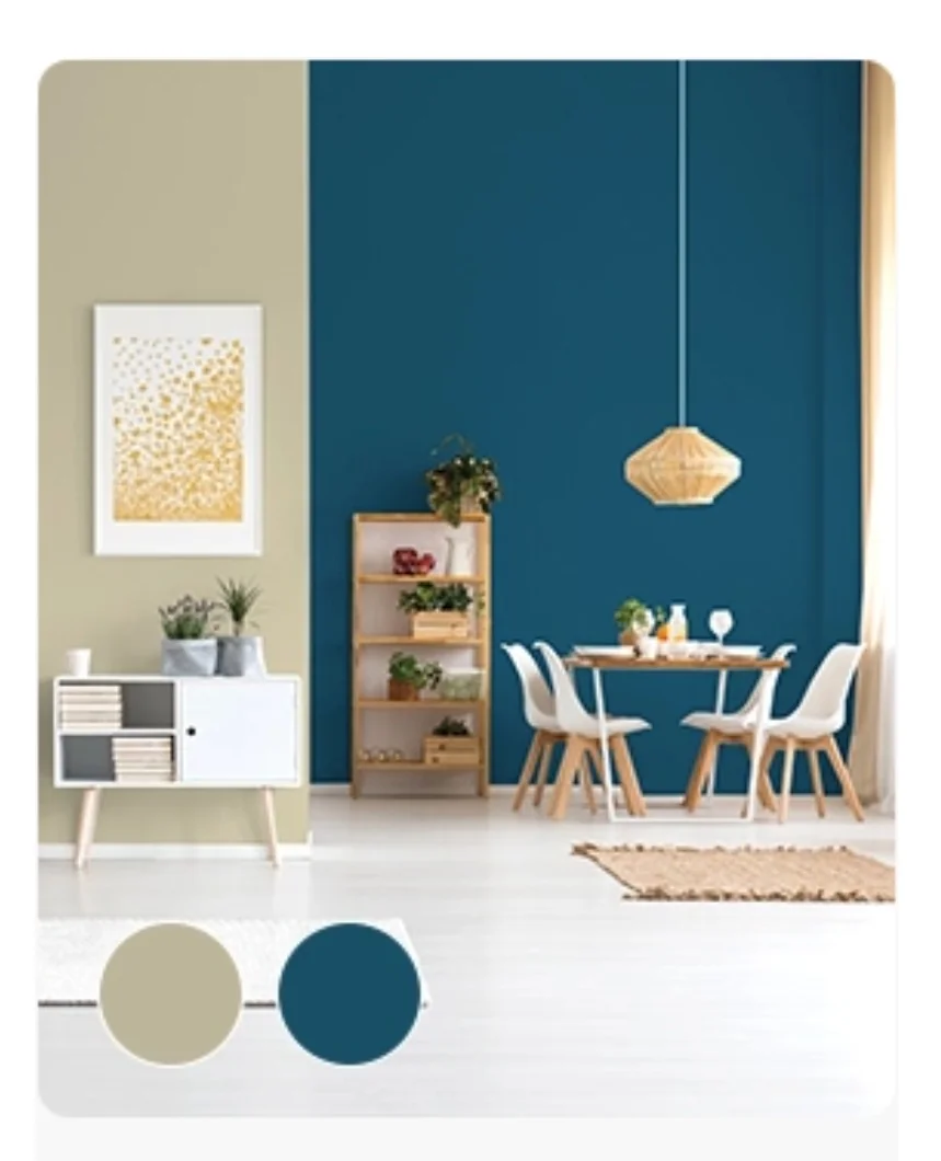 Deep teal accent wall with beige interior